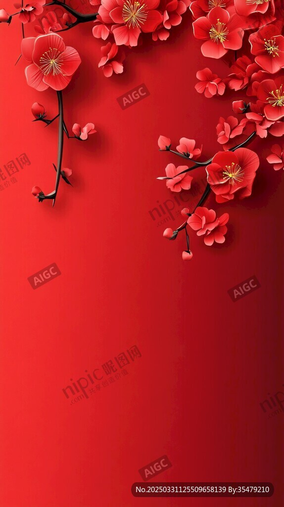紅梅綻于紅底 喜慶氛圍濃
