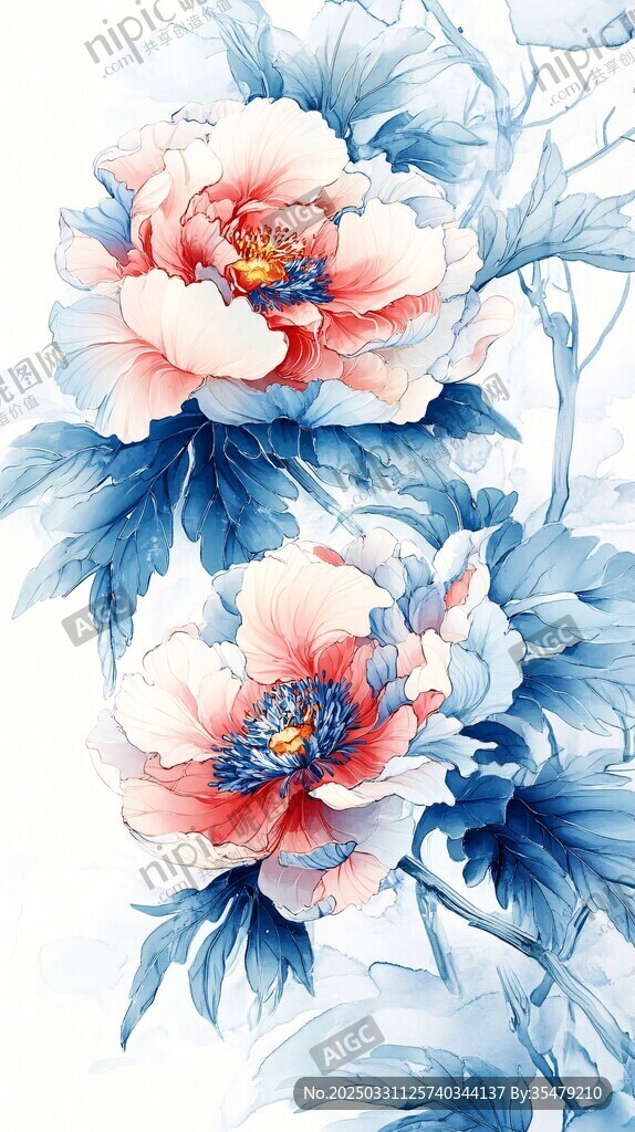 藍(lán)粉水墨牡丹花卉圖