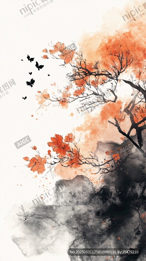 秋景水墨圖 飛鳥伴紅樹