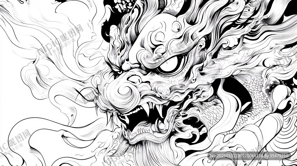黑白龍首圖騰線條藝術圖