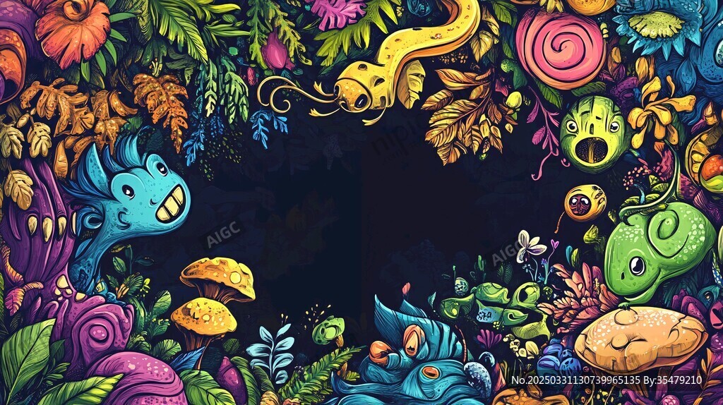 奇幻卡通動植物環繞邊框