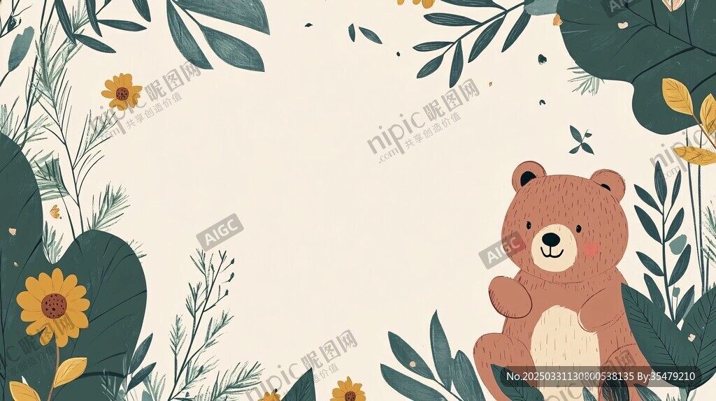 小熊置身花草綠植間