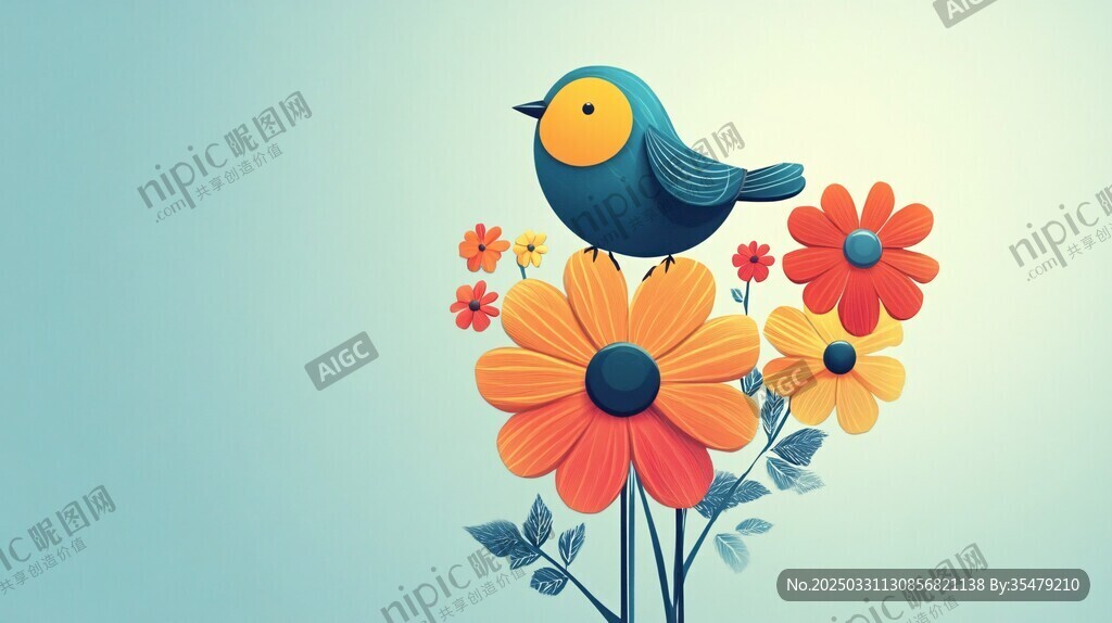 小鳥棲于多彩花朵之上