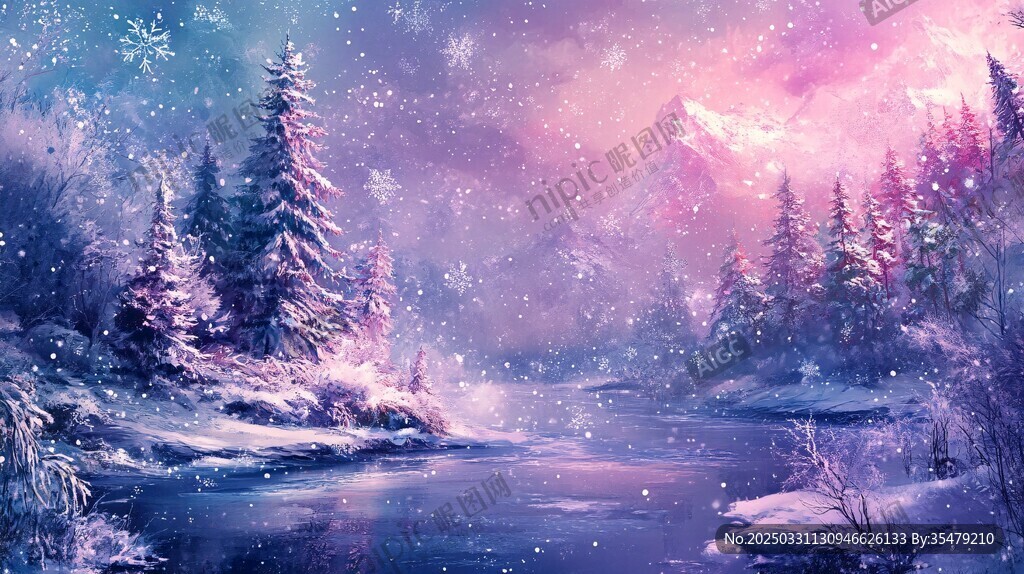 夢幻冬日雪景森林河流圖