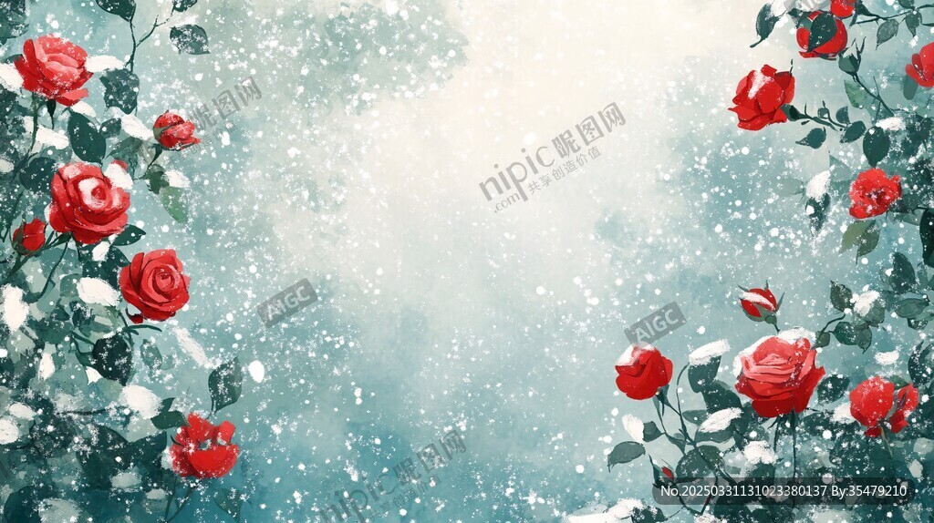 雪中紅玫瑰浪漫花卉背景