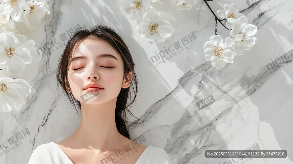 閉眼美人與素雅花卉之境