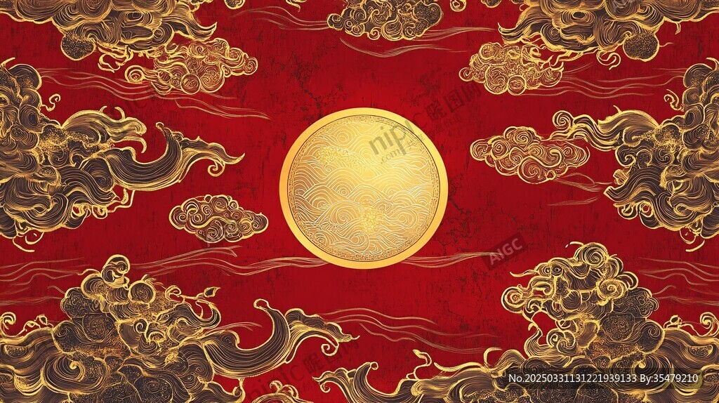 中式紅金祥云圓月背景圖
