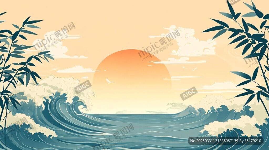 海上日出伴翠竹波浪景