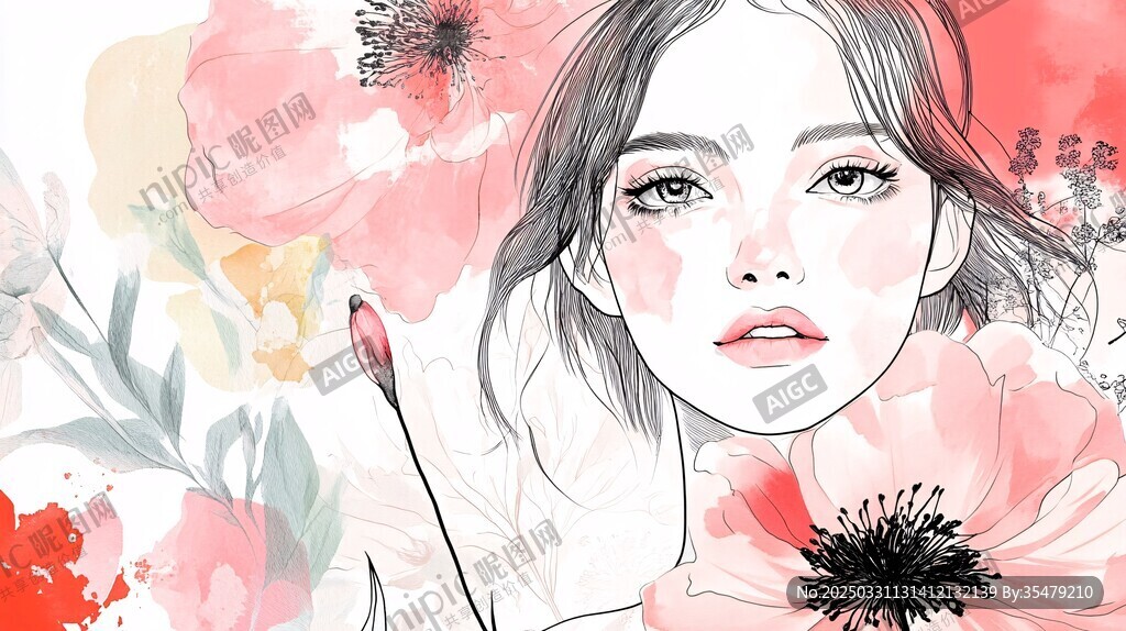夢幻花卉旁的美麗少女