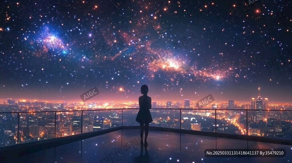 女孩仰望璀璨星空與城市