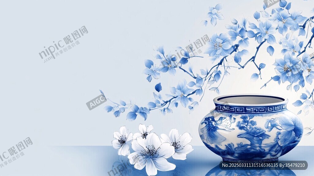 青花瓷瓶伴素雅花卉