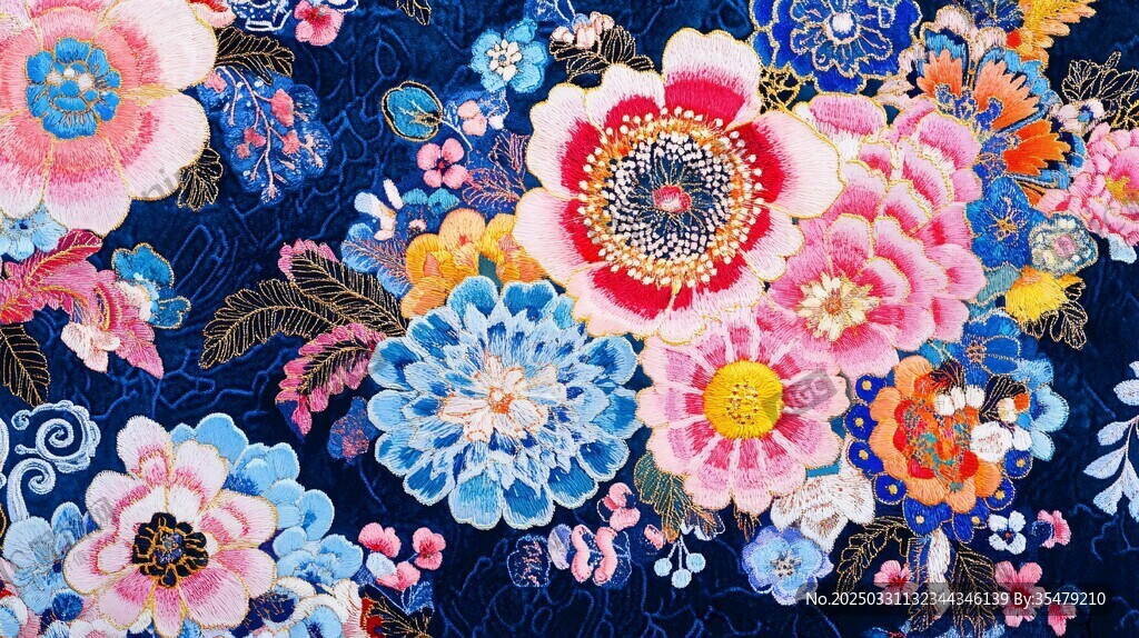 絢麗多彩中式花卉刺繡圖案
