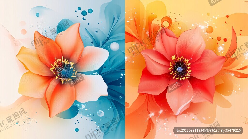 雙生花卉絢麗水彩插畫