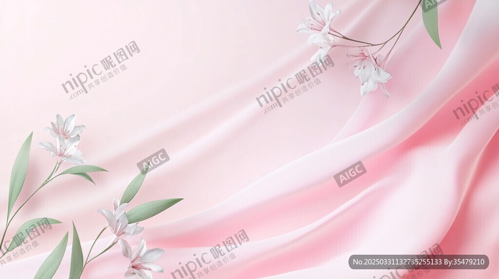 粉色綢布上的清新花枝