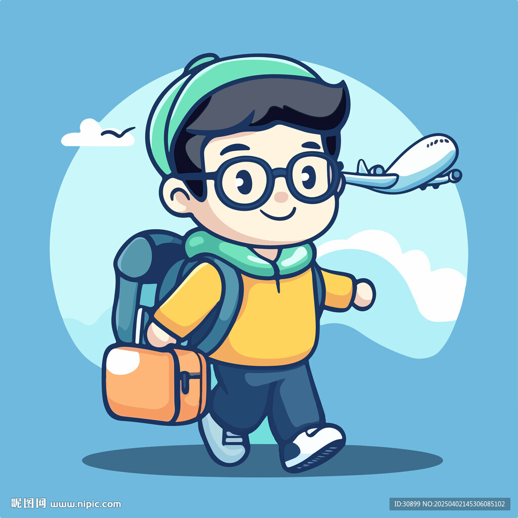 卡通矢量手繪出門旅游的男孩插畫