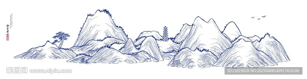 圓珠筆色線描山水畫