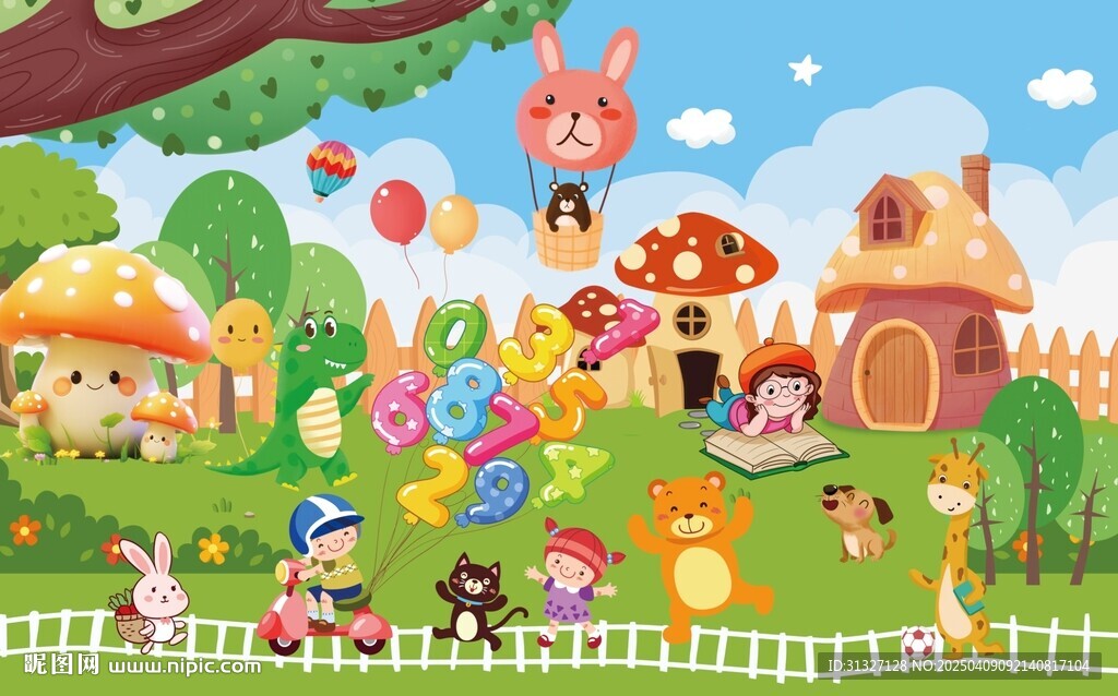 可愛動物樂園卡通森林兒童背景墻