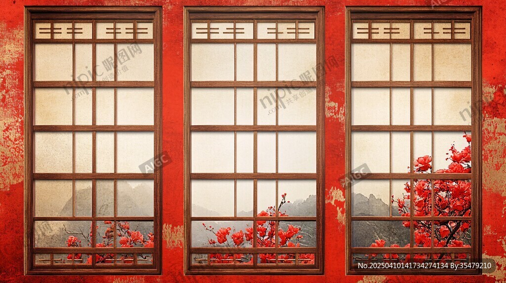 中式紅窗映繁花美景