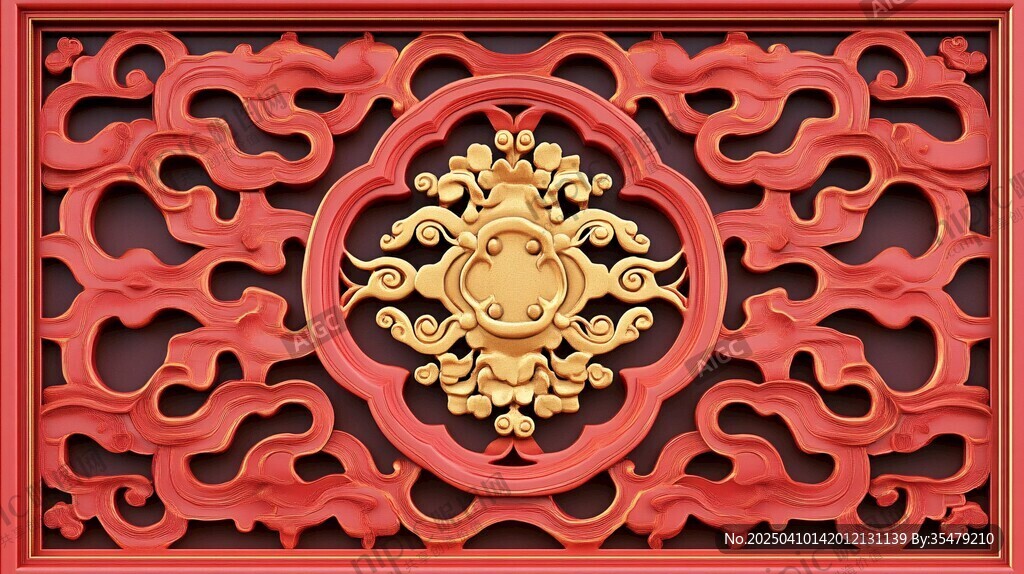 中式紅底金飾雕花圖案