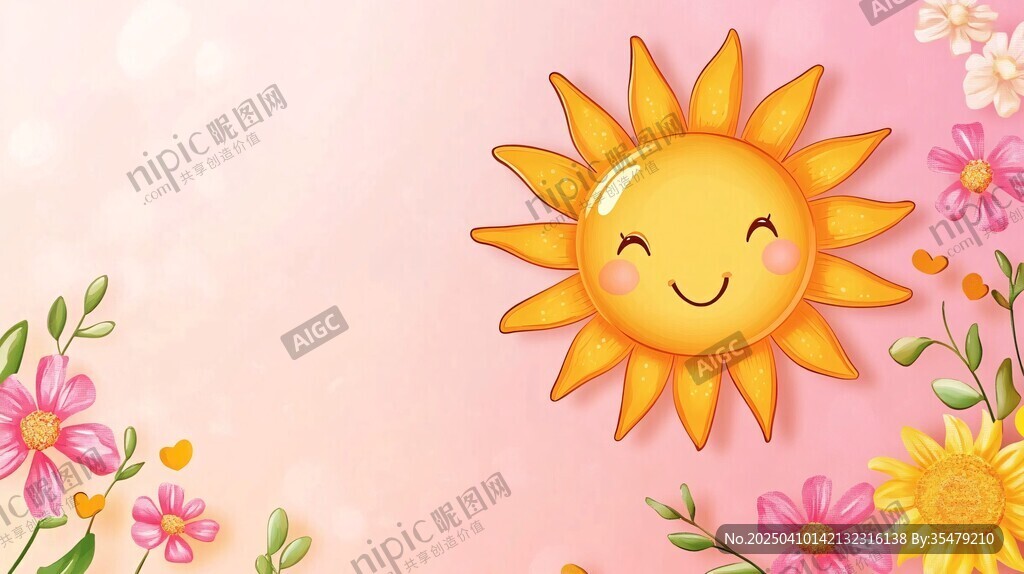 微笑太陽(yáng)與繽紛花卉背景