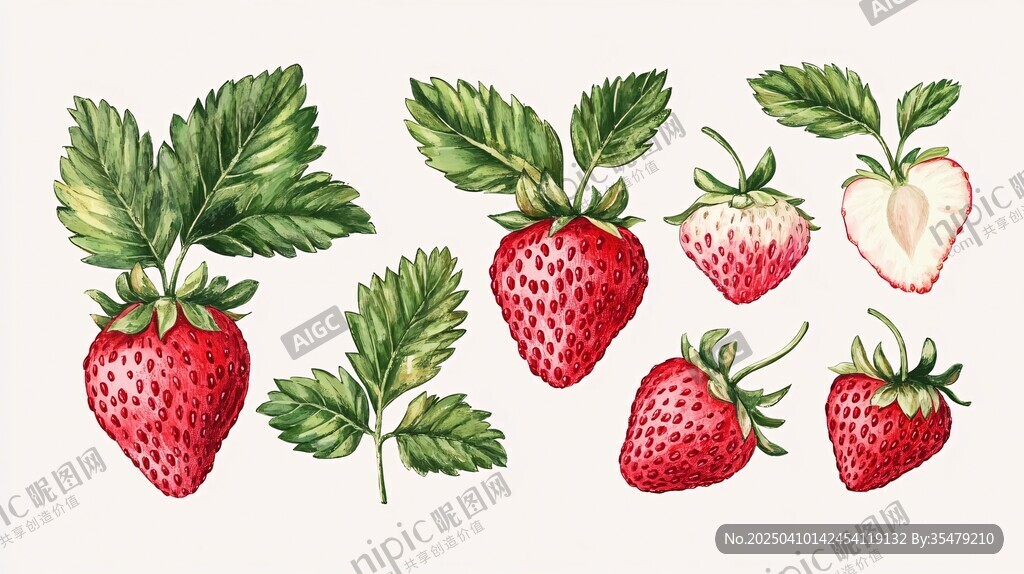 手繪草莓插畫及葉片展示