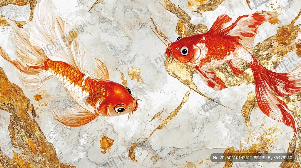 雙金魚游弋于水墨背景中