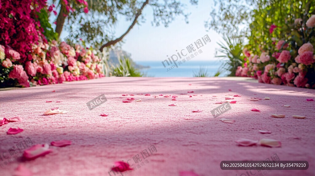 浪漫海邊粉色花瓣婚禮步道