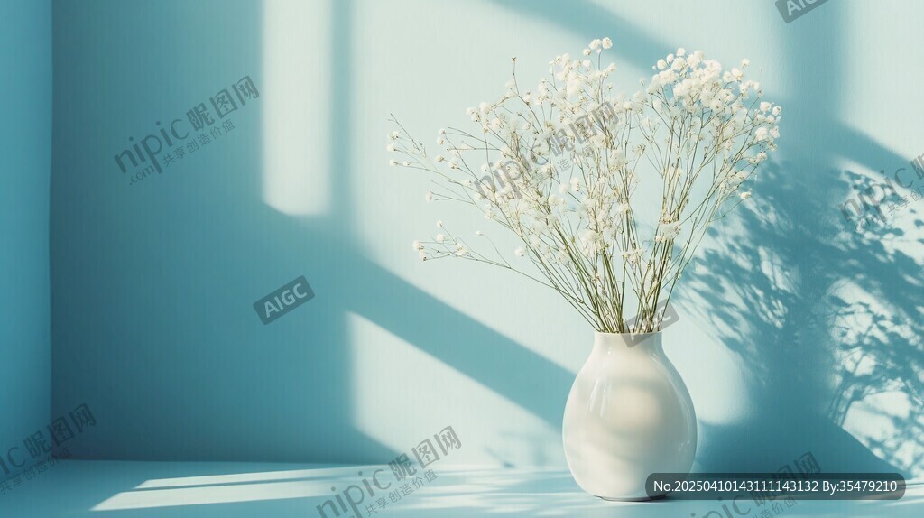 藍(lán)墻前花瓶中的白色小花