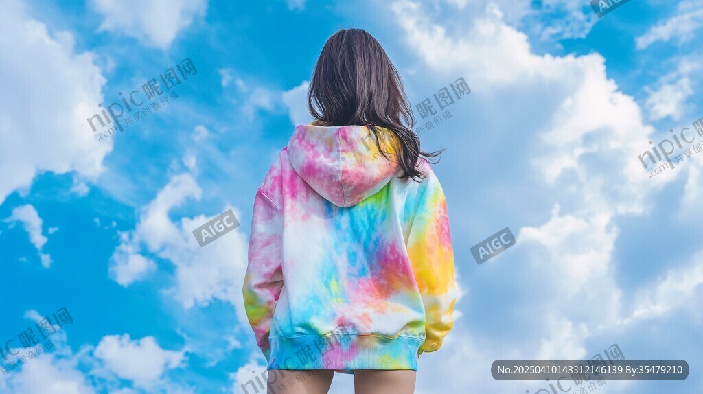女孩身著扎染衣仰望藍(lán)天