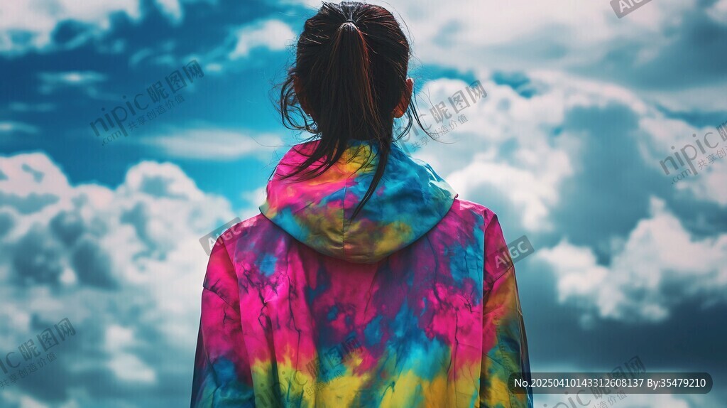 女孩身著彩衣眺望云海