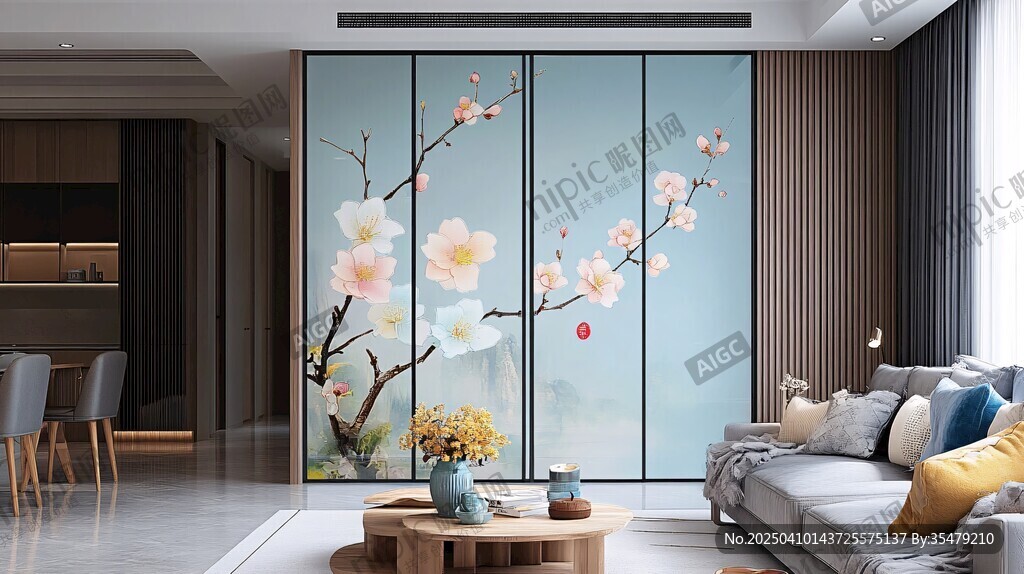 中式花鳥玻璃隔斷客廳美