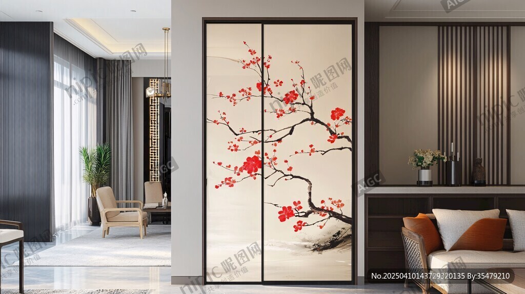 中式客廳屏風(fēng)上的紅梅景致