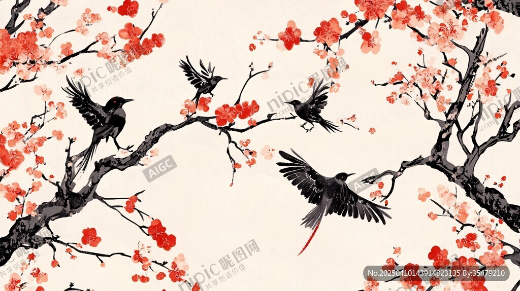 紅梅枝頭飛鳥圖