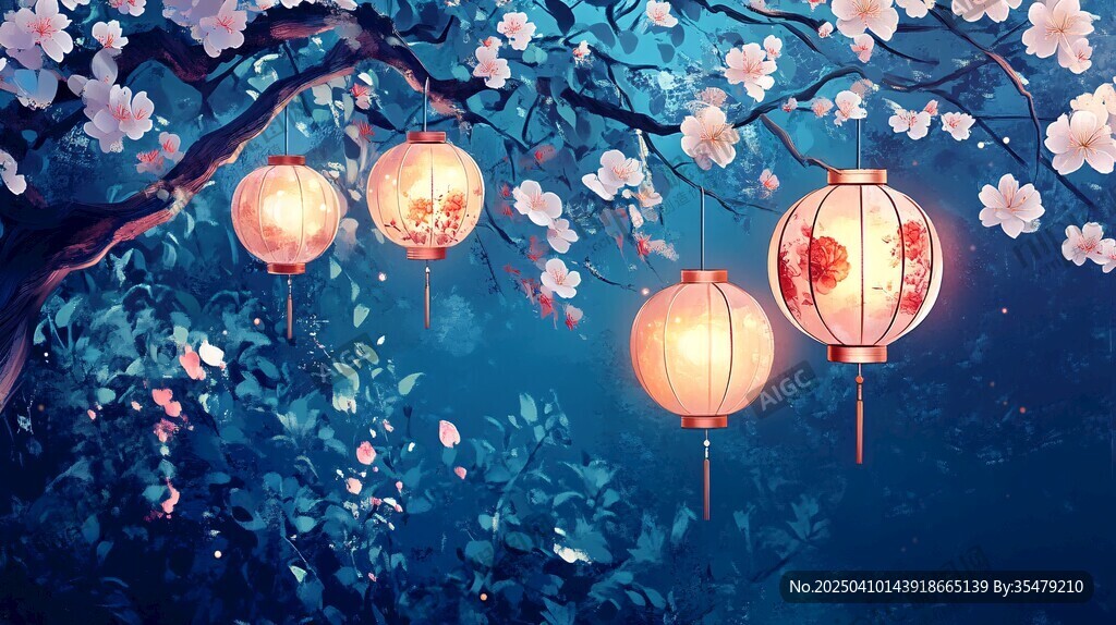 夜下花樹懸燈籠美景
