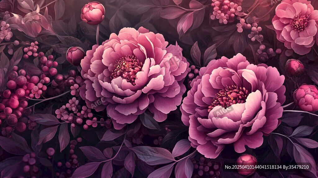 夢幻紫牡丹花卉插畫