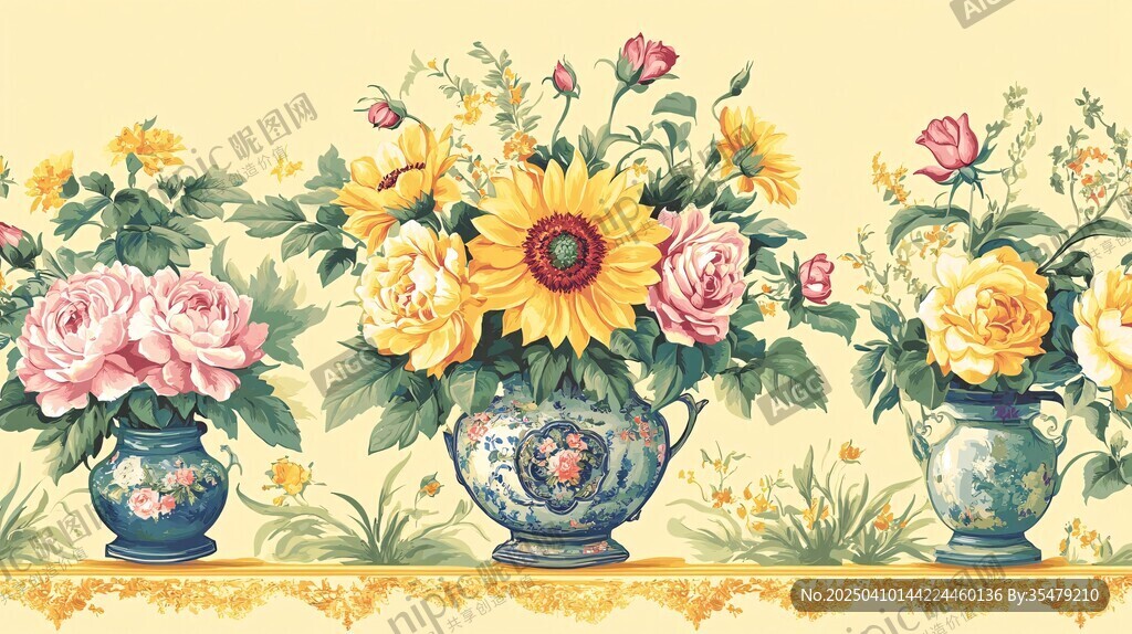 復(fù)古花瓶中的繽紛花卉