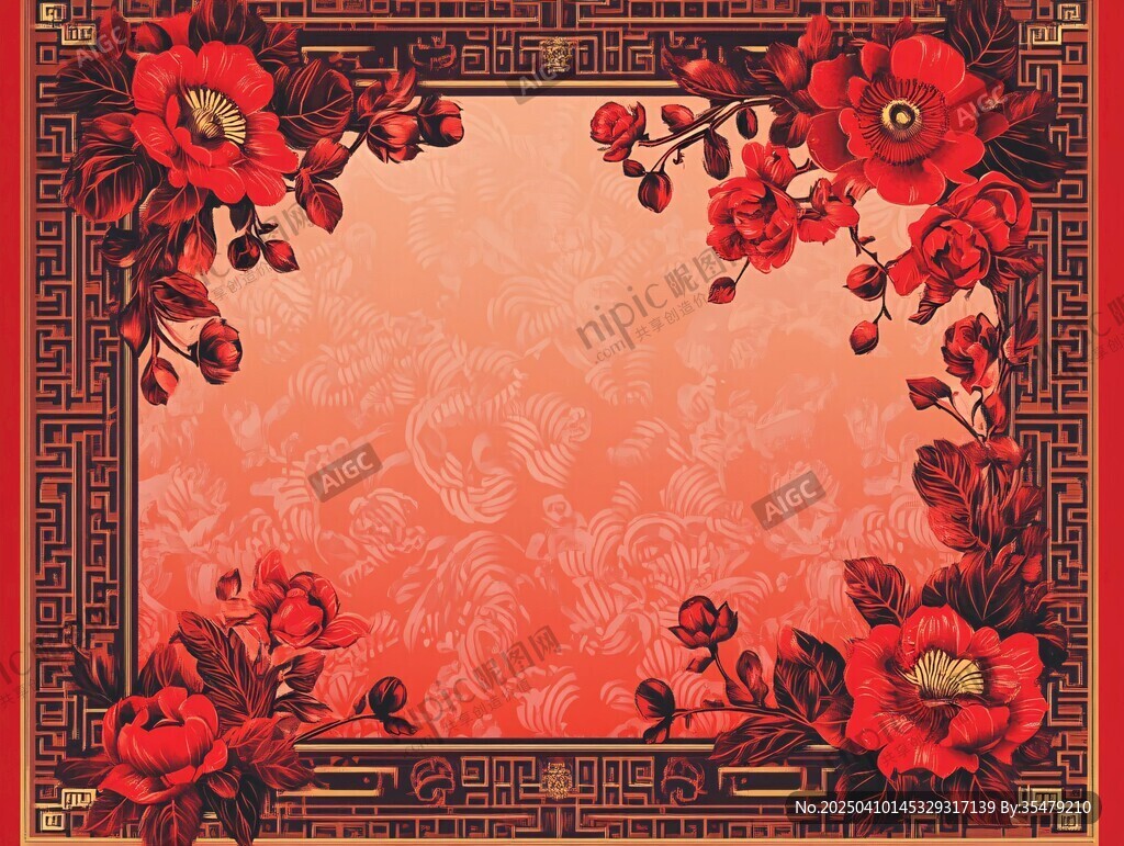中式紅牡丹邊框喜慶背景