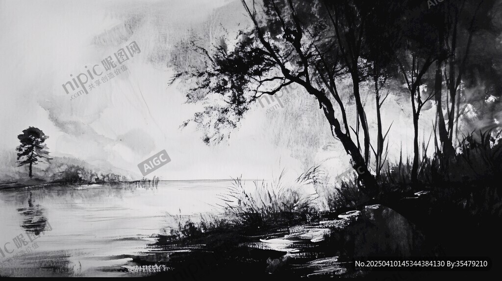 水墨湖畔樹林寫意風(fēng)光