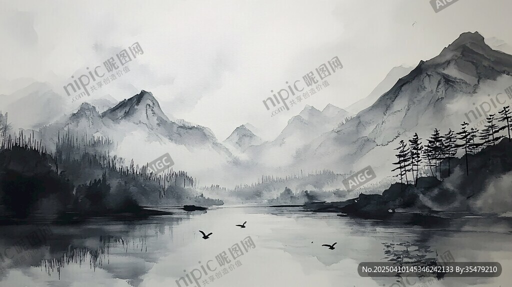 水墨山水間飛鳥伴江景
