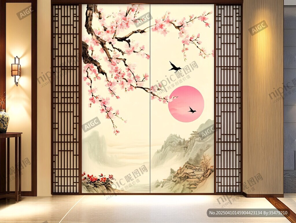 中式桃花山水屏風(fēng)美如畫(huà)
