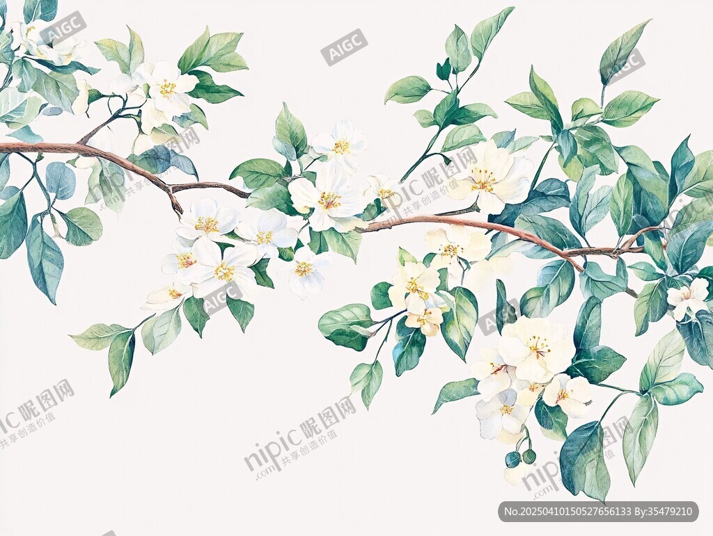 水彩繪白色花朵綠葉枝蔓