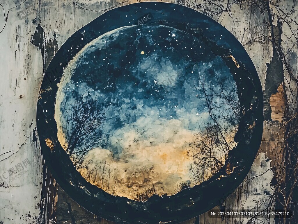 圓形窗中夢幻星空景象