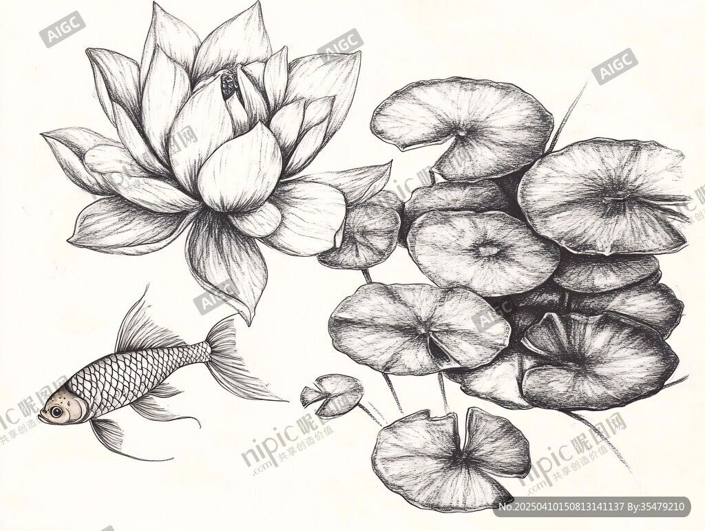 水墨風(fēng)蓮花金魚素描圖