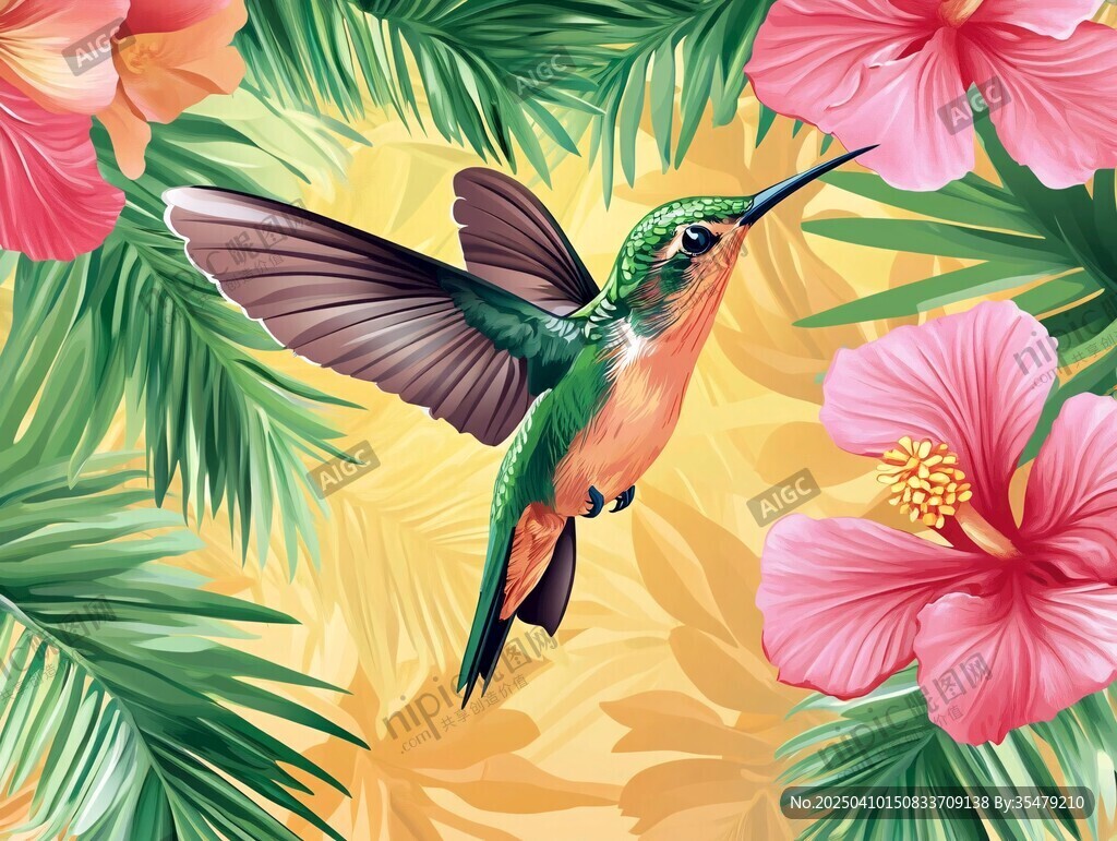 蜂鳥于繁花綠葉間飛舞