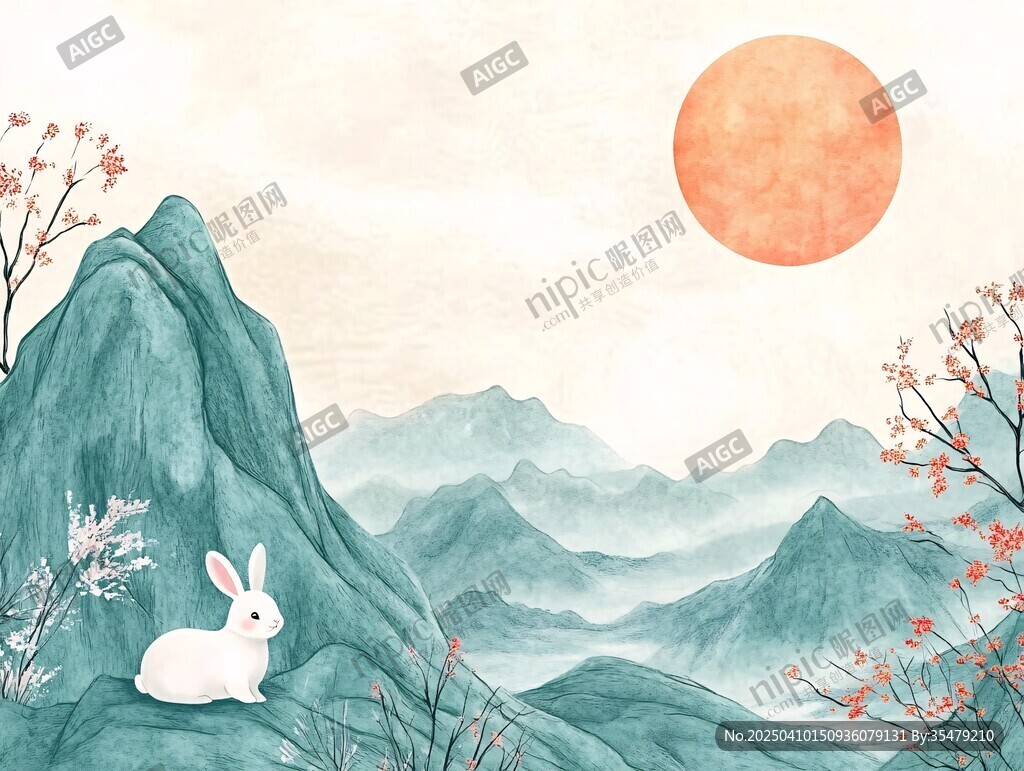 玉兔伴山景 明月映蒼穹