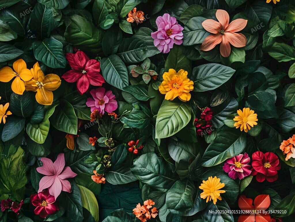 多彩花卉綠葉組成的美景