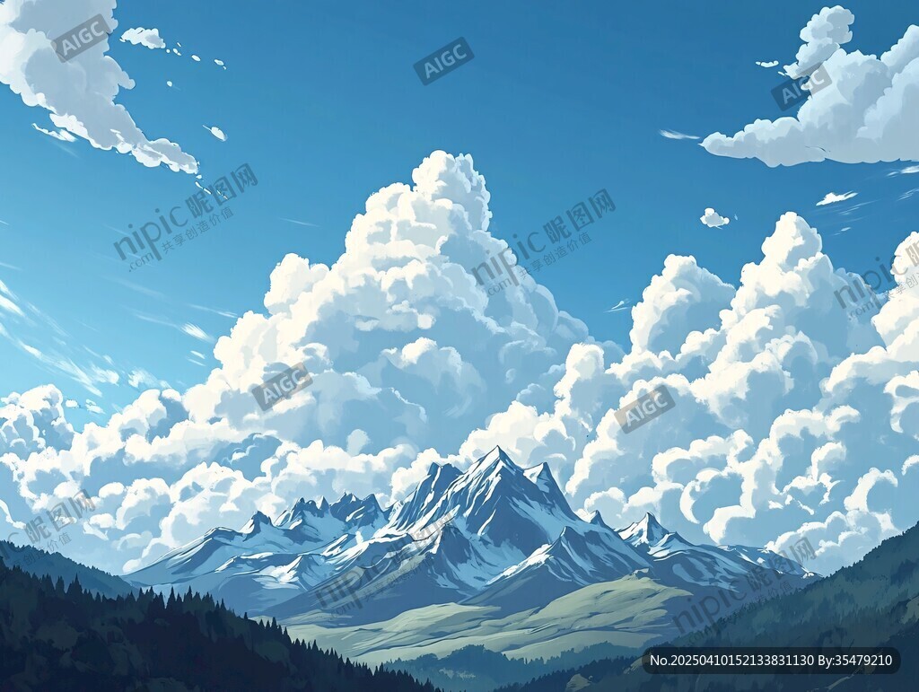 藍(lán)天白云下的壯麗雪山