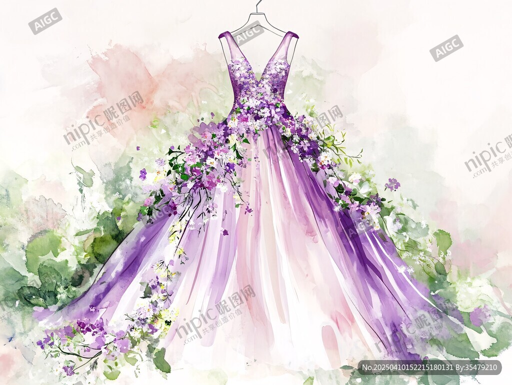 夢(mèng)幻紫色花卉婚紗插畫