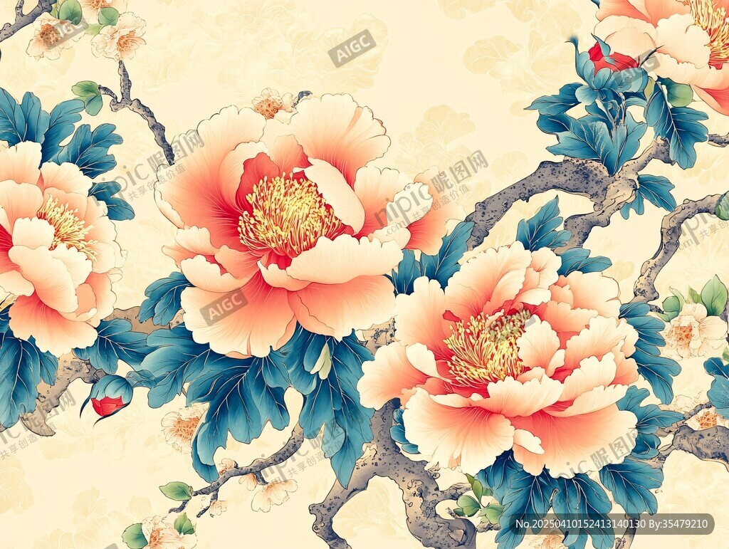 國色牡丹中式花卉圖案