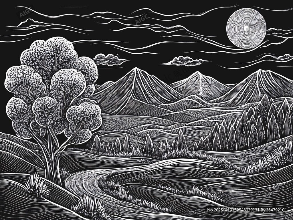 月夜山林黑白風(fēng)景插畫(huà)